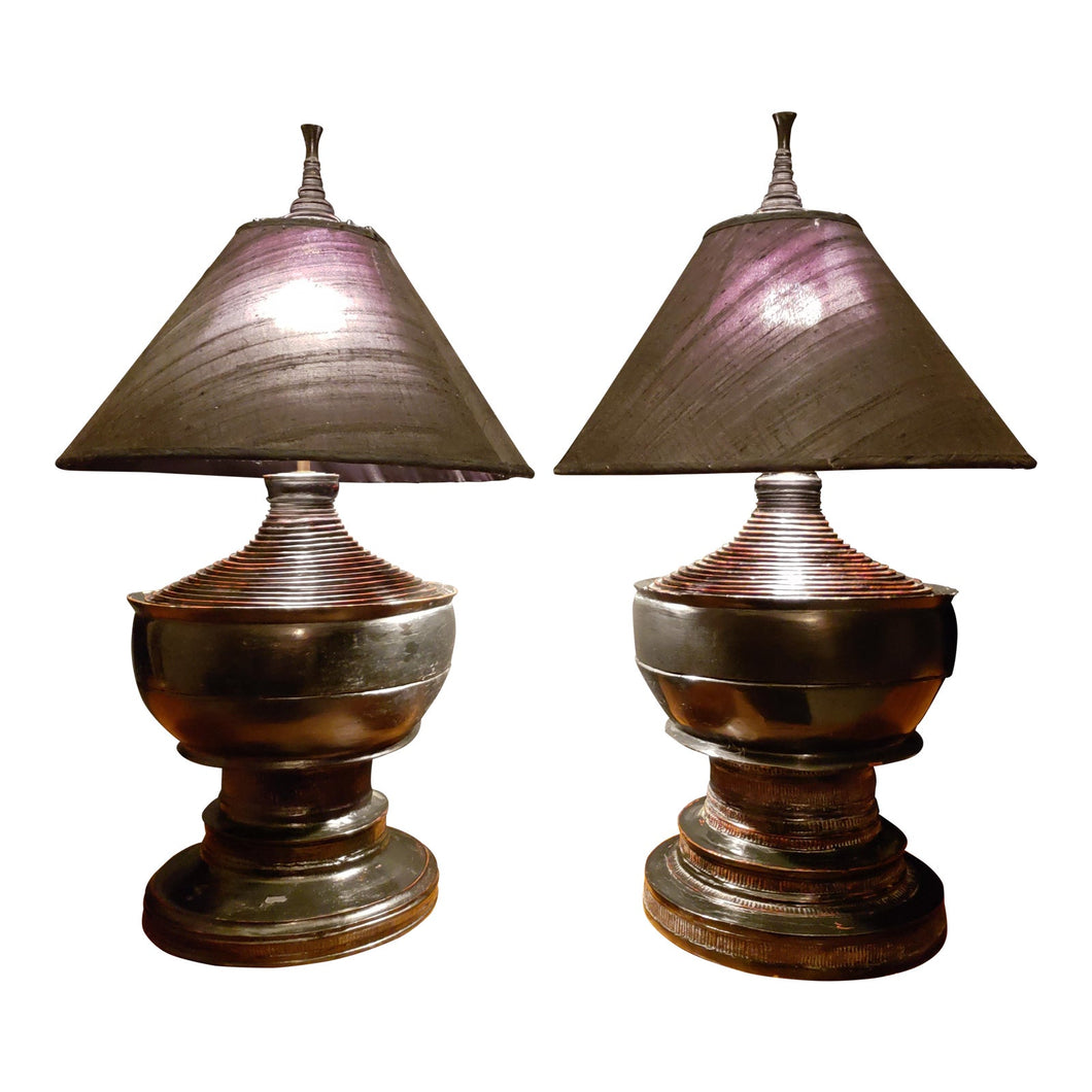 Early 20th Century Burmese Lacquer Pagoda Lamps - a Pair